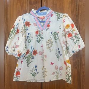 THML White Floral Puff-Sleeve Peasant Top with Multicolor Blooms